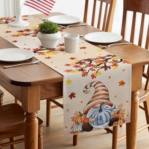 Fall Table Runner Fall Gnome Table Runners Harvest Thanksgiving Maple Leaves Blue Pumpkin Cotton Linen Dresser Scarf Kitchen Dining Table Decor for Autumn Holiday Party Coffee 13x108 Inch
