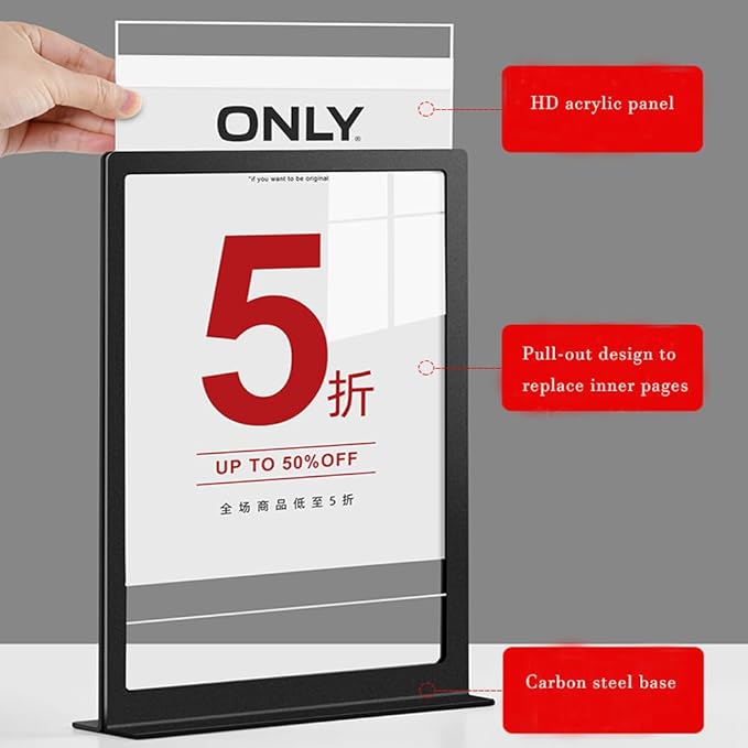 ECKEK Carbon Steel Sign Holder, Menu Displays Double Sided, Table Top Sign Stand (T Shape Black A5 148×210mm/ 5.83×8.27 inches)