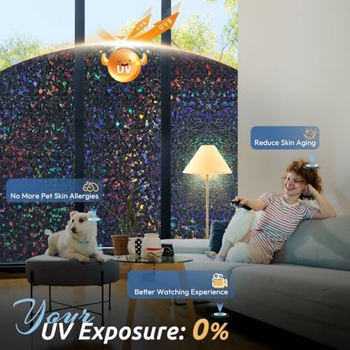 rabbitgoo Blackout Rainbow Window Privacy Film Decorative Stained Glass Diamond Pattern Window Sticker with Iridescent Tint Non-Adhesive Static Cling for Home Office Bathroom, 17.5 x78.7 inch, Black