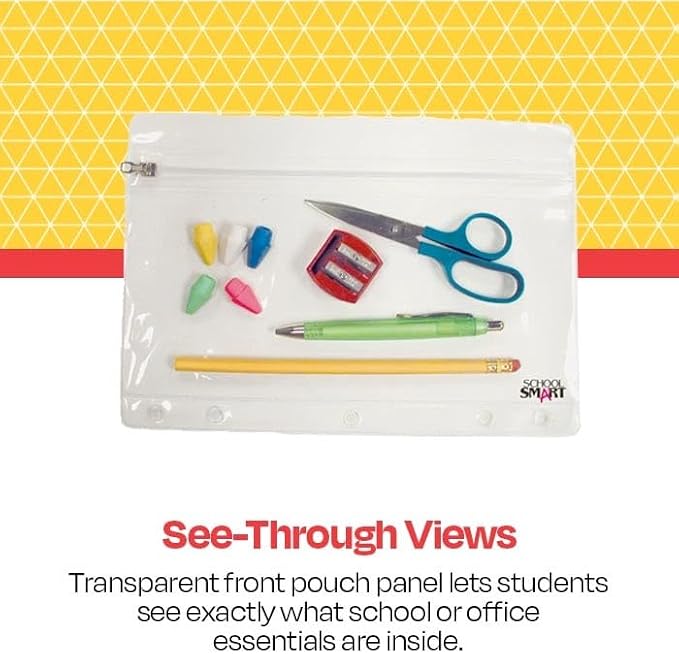 School Smart Zippered Ring Binder Pouches, 7 x 10 Inches, Clear and White Vinyl, Pack of 24