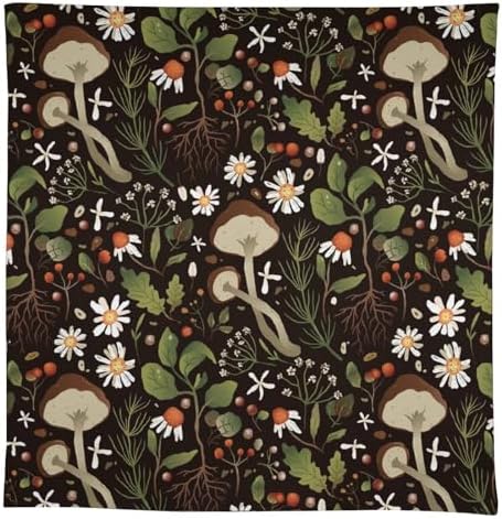 Wild Mushrooms Tablecloth, Rustic Chamomile Flowers Herbs Plants Retro Botanical Mushroom Natural Print Table Cover for Kitchen Dining Room Picnic Camping Indoor Outdoor 55x55in