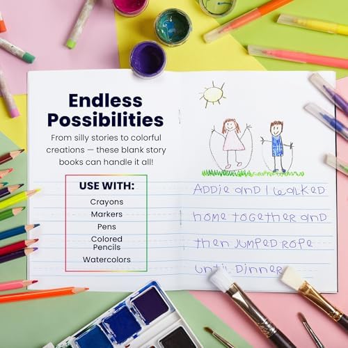 Hygloss Half Blank Books for Kids to Write Stories & Illustrate – Bulk 24 Pack – 5.5" x 8.5" A5 Primary Journal for Grades K-2, Preschool/Kindergarten Notebook with Picture Space – 24 Pages, Colored