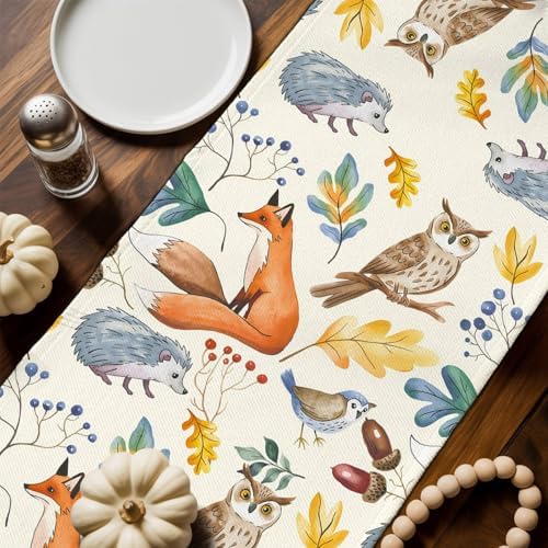 Fall Table Runner Autumn Animal Table Runners Harvest Thanksgiving Owl Bird Fox Leaves Cotton Linen Dresser Scarf Kitchen Dining Table Decor for Autumn Holiday Party Coffee 13x120 Inch