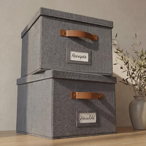 Decorative File Organizer Box Set of 2 - Collapsible Linen Filing Cabinets | Stores Documents and Hanging File Folders - Portable Office Crates with Lid and Handles for Easy Slide Access