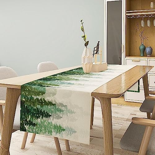 Forest Pine Trees Table Runner, Woodland Tabletop Scarf Home Kitchen Holiday Decor, Seasonal Farmhouse Rustic Dining Decorations Party Supply 13 X 108 Inch