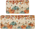 Baccessor Fall Kitchen Rugs Set of 2, Blue Pumpkin Leaves Kitchen Mats for Floor Washable Low-Profile Farmhouse Autumn Holiday Home Indoor Outdoor Decor 17x29 and 17x47 Inch