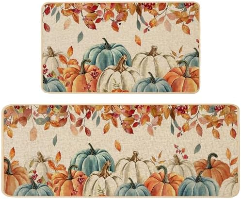 Baccessor Fall Kitchen Rugs Set of 2, Blue Pumpkin Leaves Kitchen Mats for Floor Washable Low-Profile Farmhouse Autumn Holiday Home Indoor Outdoor Decor 17x29 and 17x47 Inch