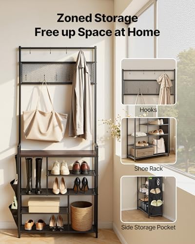 VEVOR Hall Tree, 70.9 in Coat Rack with Shoe Storage, Freestanding 4-Tier Shoe Rack Organizer with Hooks, Side Pocket and Wire Shelf, Steel Frame Entrance Coat Holder for Entryway, Bedroom, Closet