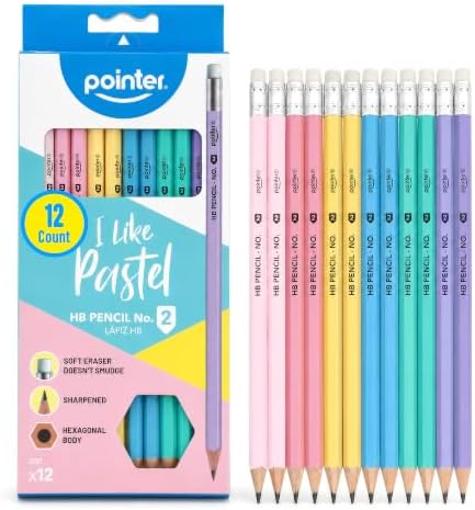 Pointer Pastel HB Pencils with Soft Eraser, Hexagonal Body, Pre-Sharpened, Assorted Colors, 12 Count
