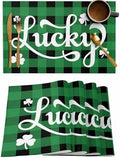St. Patrick's Day Buffalo Plaid Placemats Set of 4, Lucky Shamrocks Clover Heat Resistant Washable Dining Table Mats Rustic Green Black Farmhouse Decor for Kitchen&Table Linens Outdoor Indoor