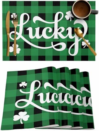 St. Patrick's Day Buffalo Plaid Placemats Set of 4, Lucky Shamrocks Clover Heat Resistant Washable Dining Table Mats Rustic Green Black Farmhouse Decor for Kitchen&Table Linens Outdoor Indoor