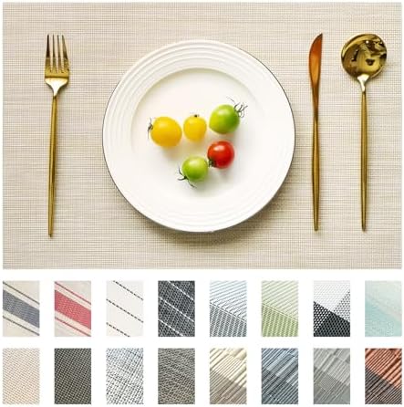 Placemats Set of 8 Vinyl/Plastic Woven Place Mats for Kitchen Table Indoor/Outdoor Washable Placemat Wipeable Dining Table Mats (Beige,8)