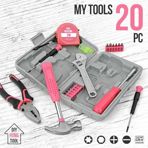 20 Pcs Home Tool Set, Basics Household Tool Kit with Small Mini Carrying Box for Men and Women DIY (Pink)