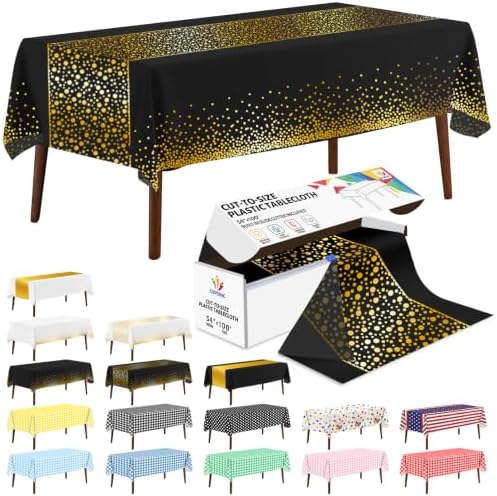 CXPSINC 54 Inch X 100 Feet Plastic Table Cover Roll Disposable Tablecloth with Slide Cutter for All Type/Shape Tables | Party, Banquet, Birthdays, Weddings(Black Golden Dot, 100 Feet)