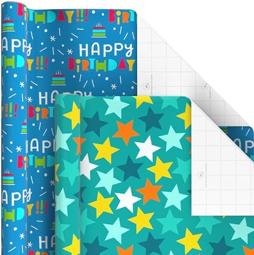 Hallmark Birthday Wrapping Paper Rolls, 6 Rolls (Stars, Stripes, Balloons)