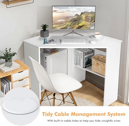 COSTWAY Corner Computer Desk, Space-Saving Triangular Writing Desk w/ 2 Storage Shelves & 2 Cable Holes, Multi-Functional Console Table for Small Space in Home Office, Living Room, Bedroom (White)
