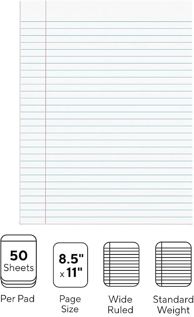 STAPLES Notepads, 8.5” x 11”, Wide Ruled, White, 50 Sheets/Pad, 12‑Pack