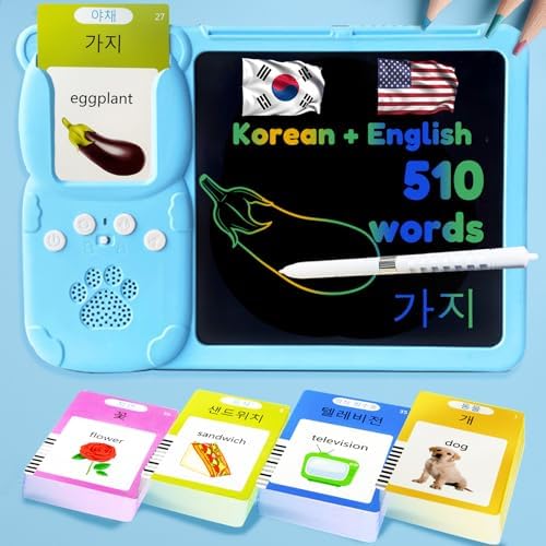 Writing Tablet with Bilingual Flash Cards for Kids, Korean, Blue
