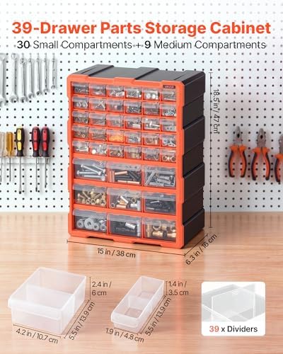 VEVOR 39-Drawer Storage Organizer, Plastic, Drawer Storage Cabinet for Garage Organization, Stackable Small Parts Organizer, Wall-Mounted Toolbox, for Hardware, Beads, Screws, Crafts, Building Bricks