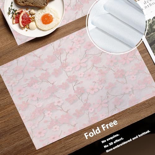 Batmerry Seamless Pink Cherry Blossoms Linen Placemats Set of 8, Vintage Floral On Light Pink Washable Table Mats for Kitchen Table Thickened Heat Insulation Dining Set Indoor Outdoor 12X18 in