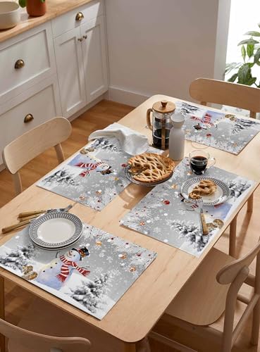 Snowman Placemats Set of 4, Grey Merry Christmas Tree Red Balls Squirrel Heat Resistant Washable Table Place Mats Winter Cotton Table Linens Party Holiday Decor for Kitchen Dining Outdoor Indoor