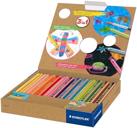 STAEDTLER Noris Junior 3-in-1 Jumbo Coloring Pencils: 12 Count - Colored Pencil, Wax Crayon, & Watercolor Pencil All In One, Toddler & Preschool Art for Ages 2+, With Sharpener, Easy Grip