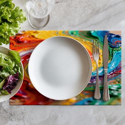 Batmerry Multicolor Abstract Art Linen Placemats Set of 8, Colorful Grunge Macro Closeup Washable Table Mats for Kitchen Table Thickened Heat Insulation Dining Set Indoor Outdoor 12X18 in