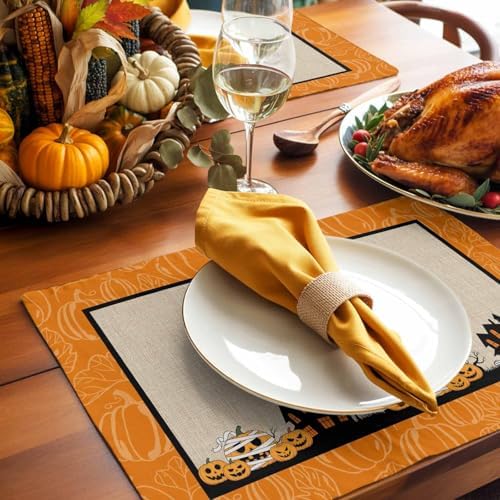 Vandarllin Halloween Fun Placemats Set of 4, Haunted House Witches Cat Pumpkins Cotton Linen Stain Resistant Table Mats Washable Placemat Decoration for Kitchen Dining Table,Scary Movie Nights