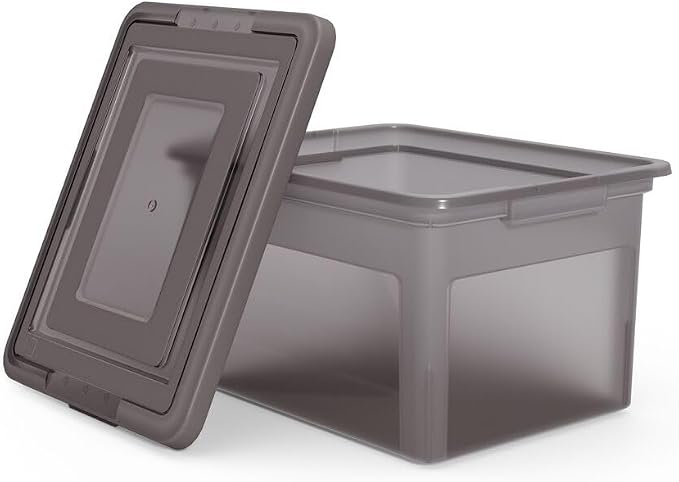 Staples Plastic File Box with Snap Lid, Letter/Legal, Frost Gray, 4-Pk | Stackable storage boxes keep hanging files organized and protected.