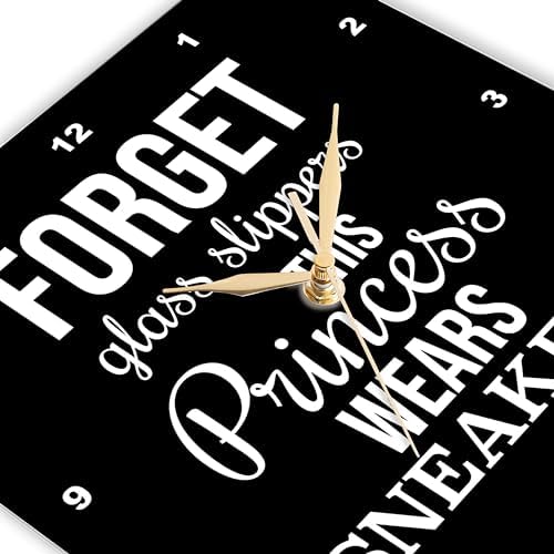 3dRose Wall Clock Silent - 10 inch - Forget Glass Slippers This Princess Wears Sneakers. White on Black. - Stamp City - Typography
