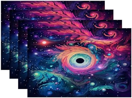 Batmerry Cosmic Swirls Stars Linen Placemats Set of 4, A Colorful Cosmic Scene Washable Table Mats for Kitchen Table Thickened Heat Insulation Dining Set Indoor Outdoor 12X18 in