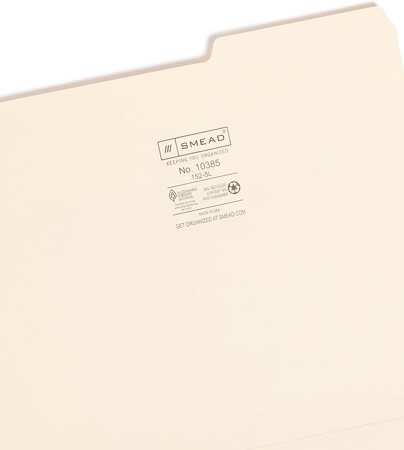 Smead File Folder, 2/5-Cut Tab, Right Position, Letter Size, Manila, 100 per Box (10385)