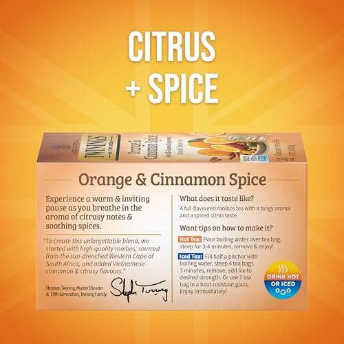 Twinings Orange & Cinnamon Spice Herbal Tea Individually Wrapped Bags, 20 Count (Pack of 2), Naturally Caffeine-Free, Enjoy Hot or Iced, 20 Teabags