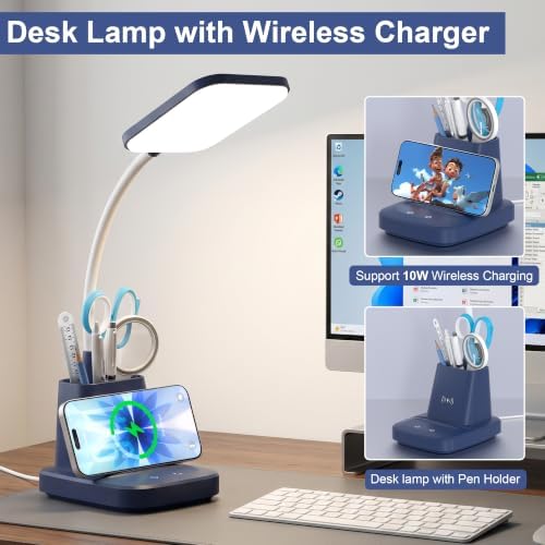 LED Desk Lamp with 10W Wireless Charging & Pen Holder, Navy Blue