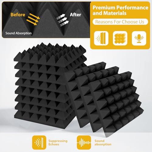 24 Pack Sound Proof Foam Panels for Walls, 2"X 12" X 12" Pyramid Designed Acoustic Foam Panels Sound Absorbing, Noise Cancelling Dampening Wall Panels for Studio Recording & Office & Home
