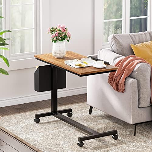 Tribesigns Height Adjustable C Shaped End Table with Wheels, Tilting Laptop Table with Side Pocket for Couch, Bed and Recliner, Walnut Brown