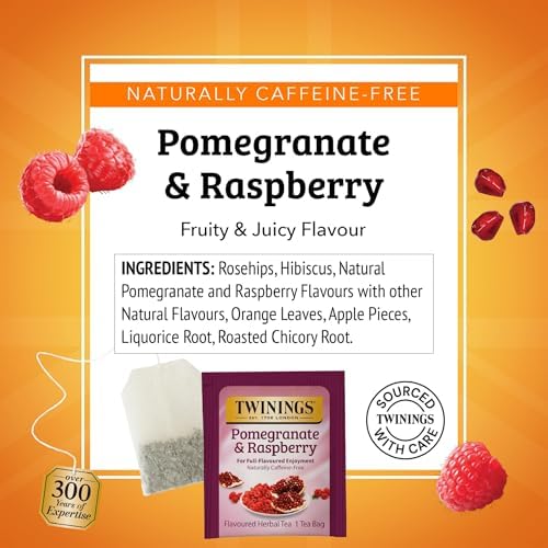 Twinings Pomegranate & Raspberry Herbal Tea Individually Wrapped Bags, 20 Count (Pack of 2), Naturally Caffeine-Free, Enjoy Hot or Iced, 20 Teabags