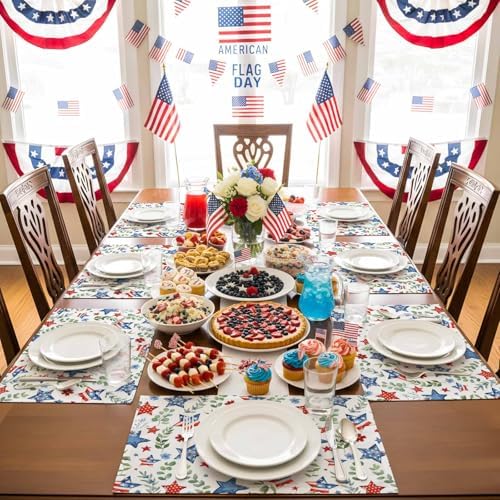 4th of July Placemats Set of 6, Patriotic Star Floral Place Mats Independence Day Dining Table Mats Holiday Party Memorial Day Decor for Kitchen&Linens Outdoor Indoor, Green Eucalyptus Leaves