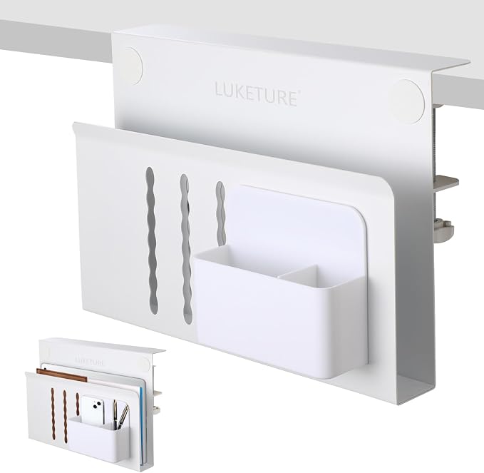 LUKETURE Desk Side Storage, Steel Side Desk Organizer, No Drill Laptop Holder, Clamp on Laptop Mount with Pen Holder, Table Hanging Storage for Home Office, Fits Flat Edge Tables 0.3" to 2.8" | Steel Side Desk Organizer, Clamp on Laptop Mount with Pen ...