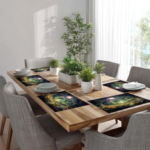 Batmerry Magical Forest Path Glowing Lights Linen Placemats Set of 6, A Mystical Forest At Night Washable Table Mats for Kitchen Table Thickened Heat Insulation Dining Set Indoor Outdoor 12X18 in