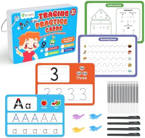 D-FantiX Magic Grooved Writing Practice for Kids Age 3-5, Reusable Grooved Handwriting Practice for Kids 5-7, Number Letter Tracing Practice Cards for Kids Kindergarten Preschool Learning Activities