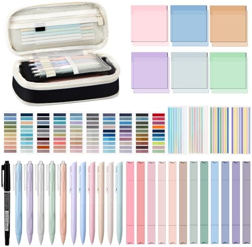 135 Pcs Book Annotation Kit with Pencil Case, 12 Pastel Highlighters, 11 Gel Pens, Fine Marker, 300 Transparent Sticky Notes, 2640 Index Tabs, Bible Study Supplies Kit(Classic,Black)