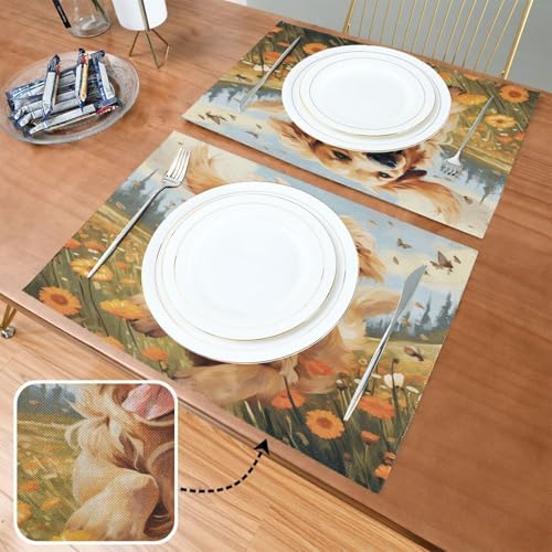 ALAZA Happy Golden Retriever in Flower Field Set of 6 Placemats Rectangle Table Mat for Dining Table Restaurant Kitchen Home Decor, 12" x 18"