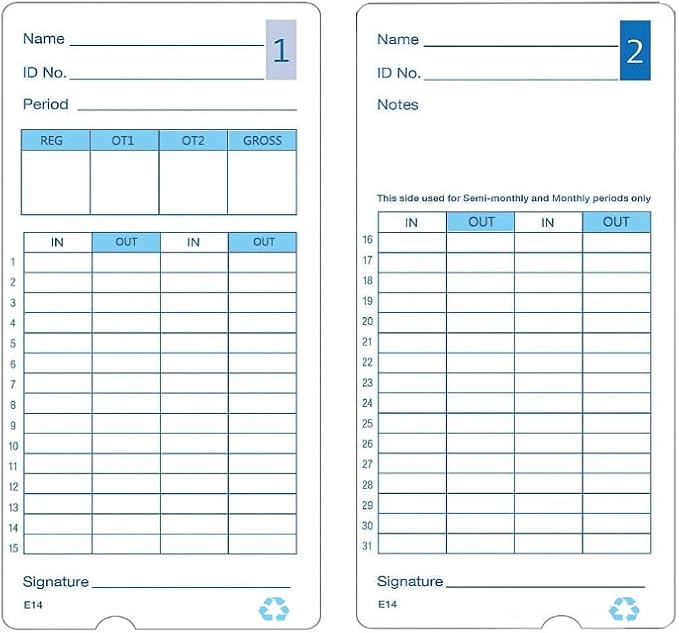 （100pack）E14（E14-100）Time Cards for Lathem Model 400E Time Clock