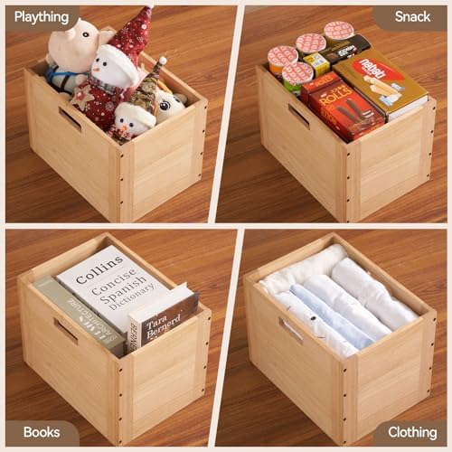KIRIGEN Stackable Wood Storage Cube with Handles, Open Cubby Bin, Natural