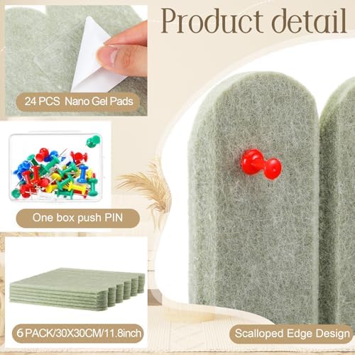Yookeer Large Scalloped Felt Bulletin Board 36'' x 24'' Cork Board Alternative for Office Wall Decor 6 Pack with 25 Safe Removable Adhesive Tabs Push Pin, Felt Pin Boards for Home Office(Green)