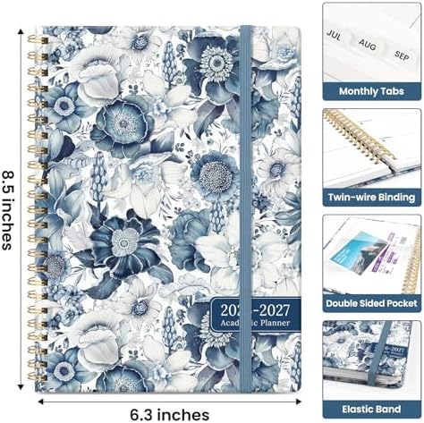 Planner 2026-2027, Jul 2026-Jun 2027 Academic Monthly & Weekly Planner | 6.3" x 8.5" Hardcover Pretty Calendar Planner for Women, Spiral Organizer for School Office Home Supplies, Blue Floral