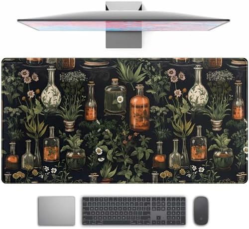 Black Aesthetics Desk Mat Mouse Pad Large Gaming Mouse Pad Desk Pad Mousepad, Mystical Green Plant Computer Laptop Keyboard and Mouse Mat, Desktop Protector Mat for Women Girl Office 31.5x15.8 in