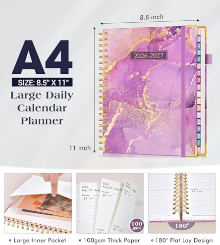 Academic Planner 2026-2027, 18 Months Weekly and Monthly Hardcover Planner, July 2026 - December 2027, 8.5" x 11" A4 Large Daily Calendar Planner Book with Tabs, Spiral College School Agenda Organizer for Student Teacher, Purple Marble