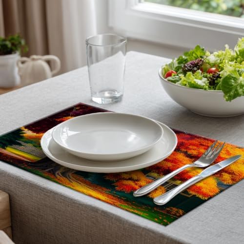 Batmerry Autumn Maple Trees Linen Placemats Set of 8, Fiery Red Leaves Houses Gardens Washable Table Mats for Kitchen Table Thickened Heat Insulation Dining Set Indoor Outdoor 12X18 in
